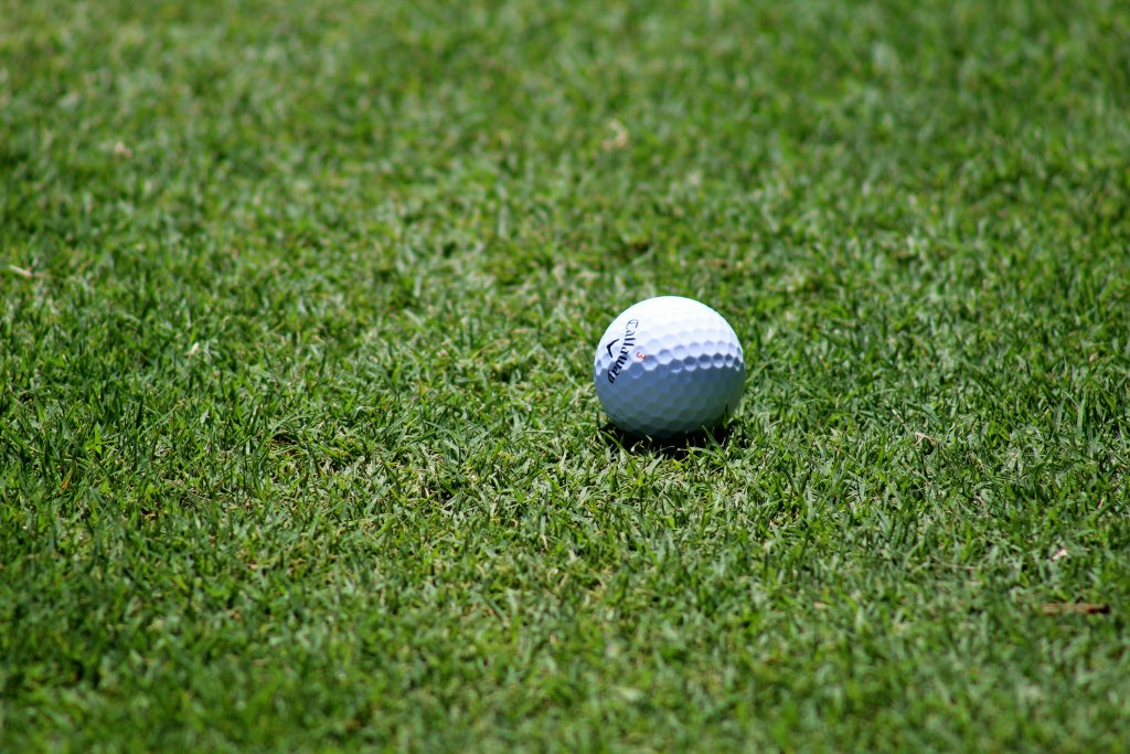Close-up of a golf ball resting on a beautifully maintained green fairway, perfect for a sunny game day.